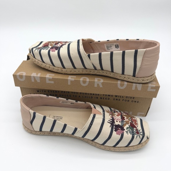 Toms Shoes - TOMS Classic Floral Embroidery Woven Stripe Alpargata Women Size 10 Cream Navy
